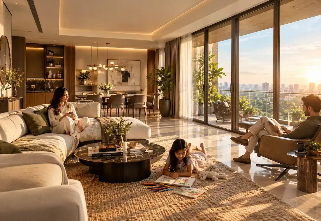 Illustrative visual of a family in a living room
